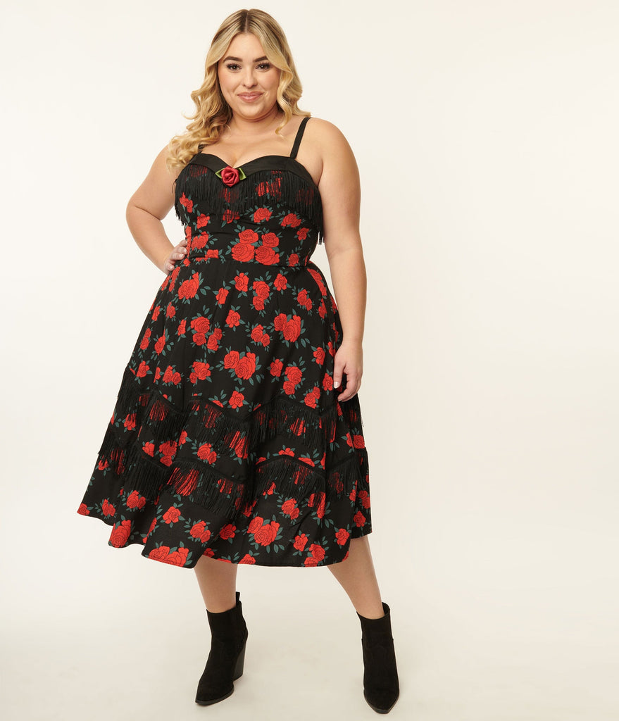 Red Rose Print Girlie Swing Dress